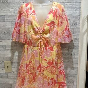 Alexa B Nites Floral Ruched Mini Dress - Pink and Yellow